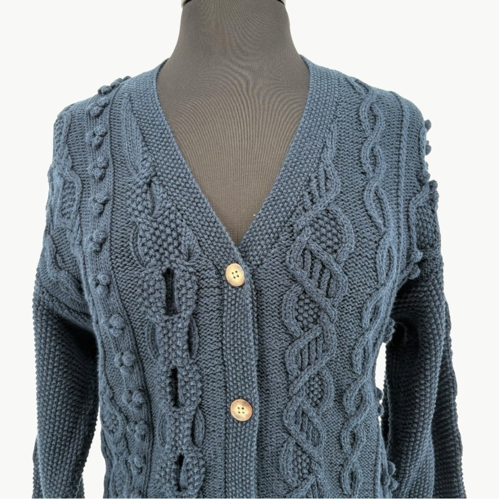 Vintage LL Bean Fisherman Cable Knit Cardigan Size Medium Navy Wool Blend 90s - Picture 11 of 13